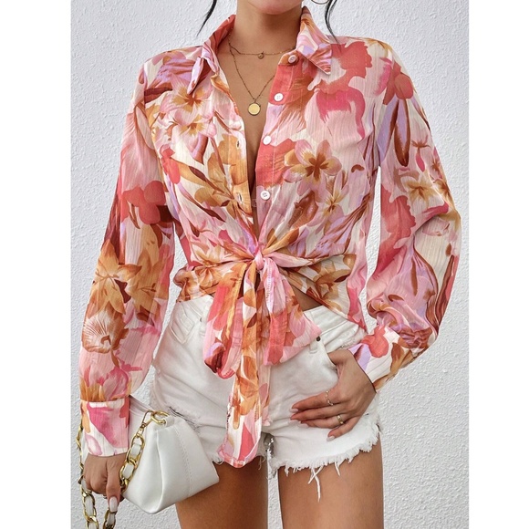 Floral Print Sheer Tie Front Long Sleeve Button Down Crop Shirt Lurex Glitter - Picture 6 of 9